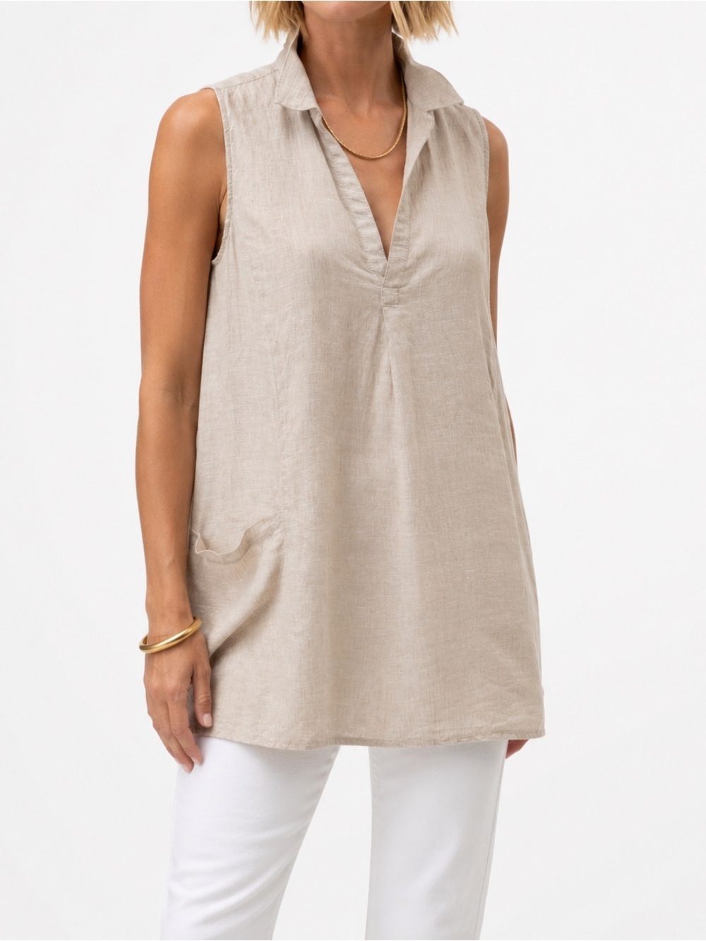 SIGRID OLSEN 100% Linen Collar Sleeveless Tunic Tank Two Pockets Oatmeal Beige M